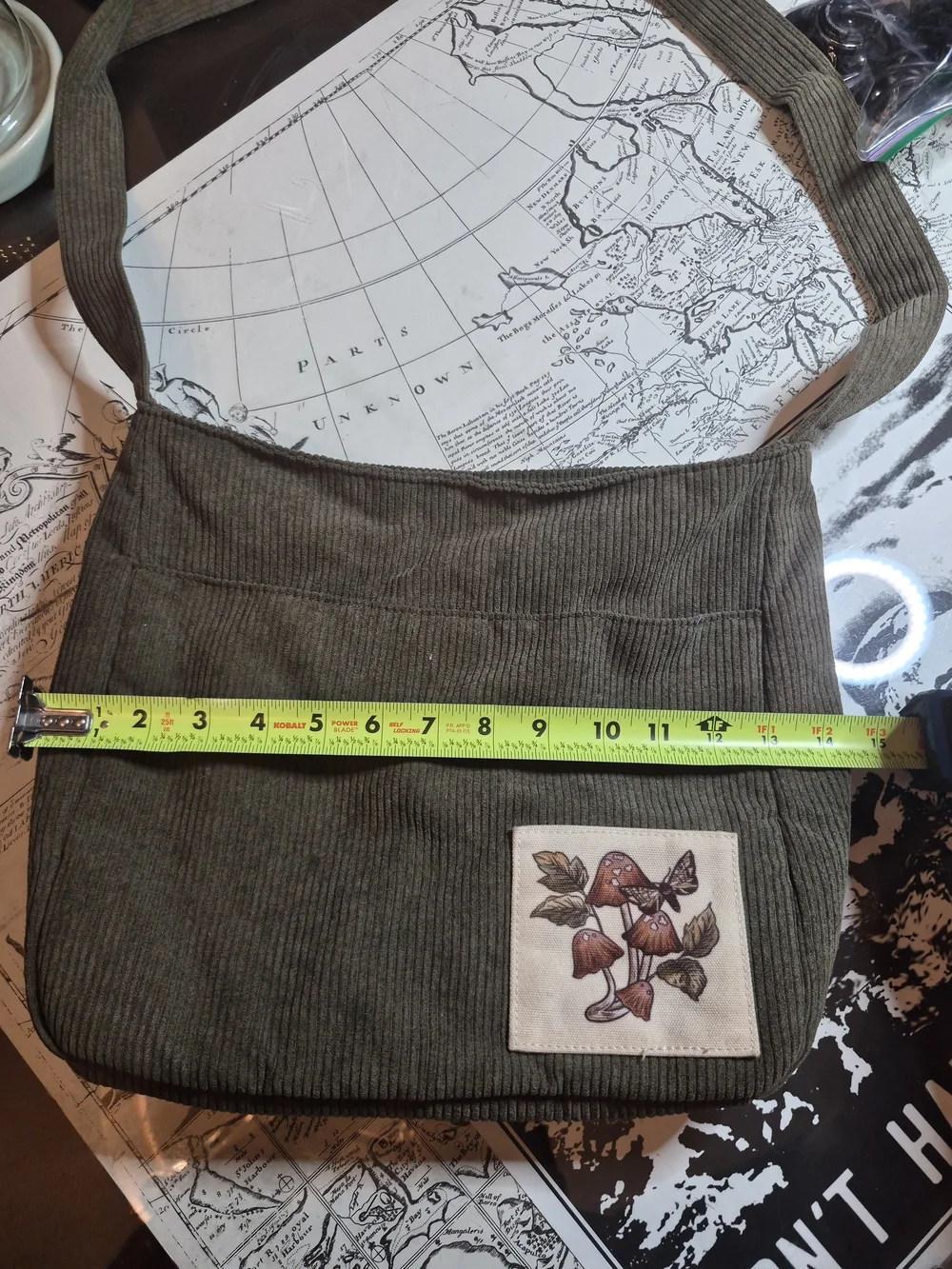 Corduroy Crossbody Bag with Mushroom Patch - Olive Green